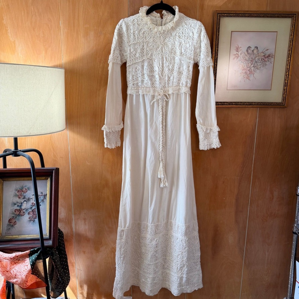 Vintage 70s Prairie Crochet Maxi Edwardian Revival Boho Wedding Gown XS